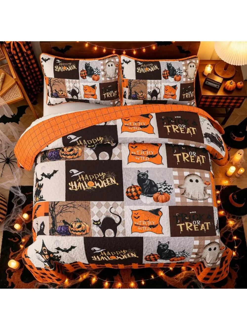King Size Halloween Quilt Set - Fall Patchwork Bedspread, 3-Piece Cozy Bedding